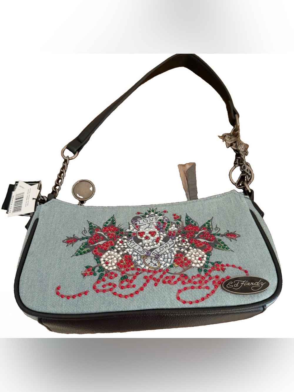 Ed Hardy Denim Baguette Mini Shoulder Bag with Red Floral Skull Embellishment - Picture 4 of 11